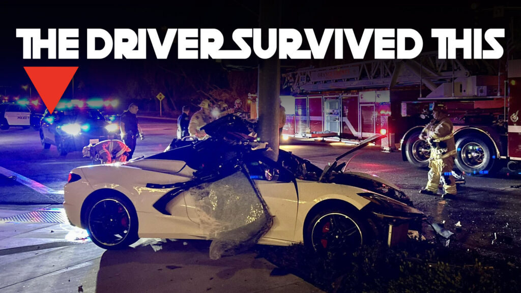  Corvette C8 Splits In Half After Crashing Into Pole, Driver Somehow Survives