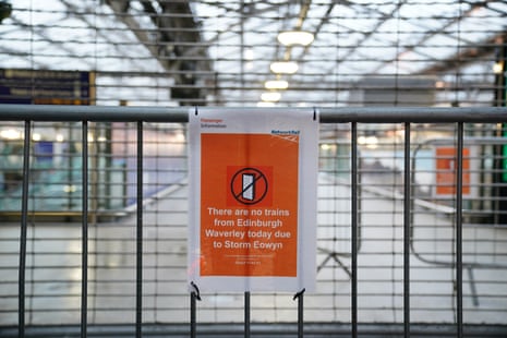A sign at the entrance to Waverley Station, in Edinburgh, says it has been closed due to Storm Éowyn.