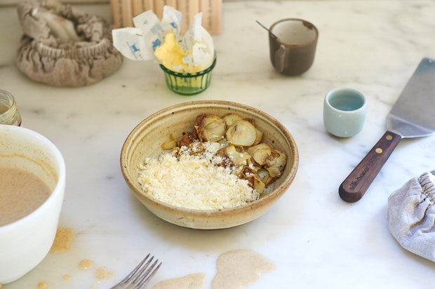 rye crepe fillings, cheese and potatoes, in a bowl on a counter