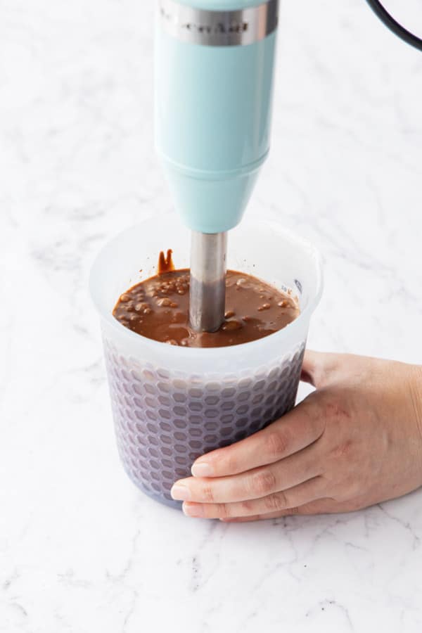 After mixing with an immersion blender the chocolate is fully melted and emulsified.