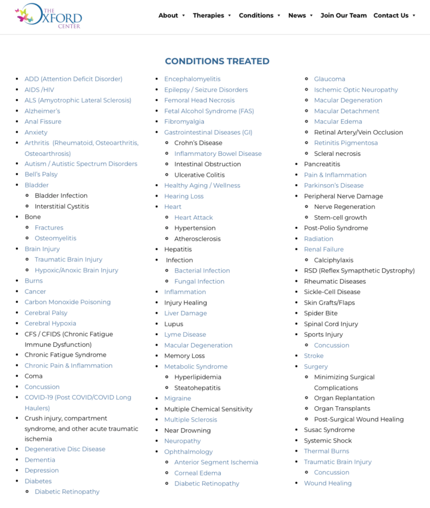 A webpage displaying a comprehensive list of medical conditions treated by The Oxford Center, including various neurological, orthopedic, pain management, and eye disorders. The page header includes navigation links and The Oxford Center's logo.