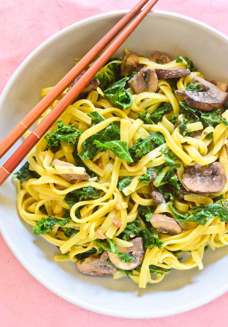 Peanut Noodles with Kale and Mushrooms