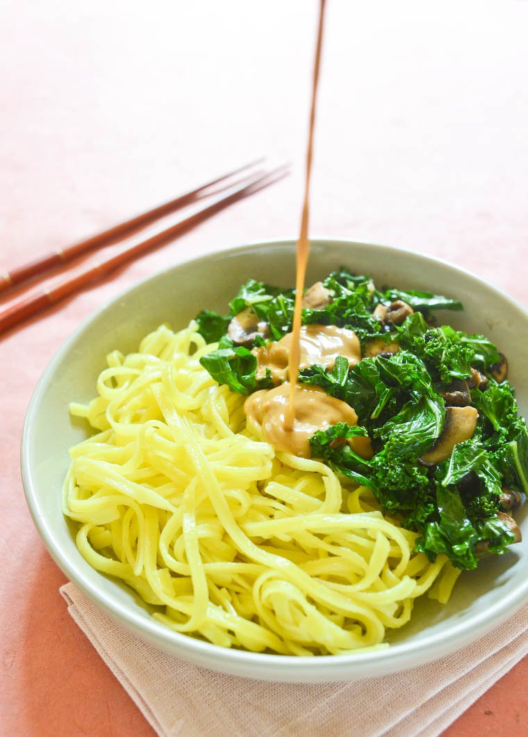 Peanut Noodles with Kale and Mushrooms