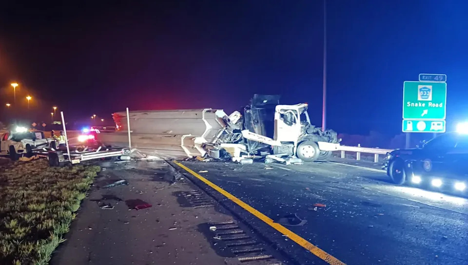 The collision pushed the Scorpion into the first truck and the driver, a 64-year-old man from Miami, sustained severe injuries and later died (Florida Highway Patrol)