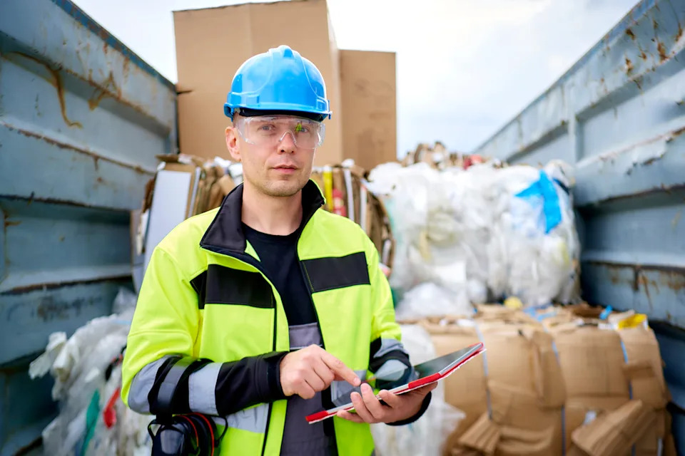 Person in safety gear using a tablet in a recycling facility, surrounded by cardboard and plastic waste