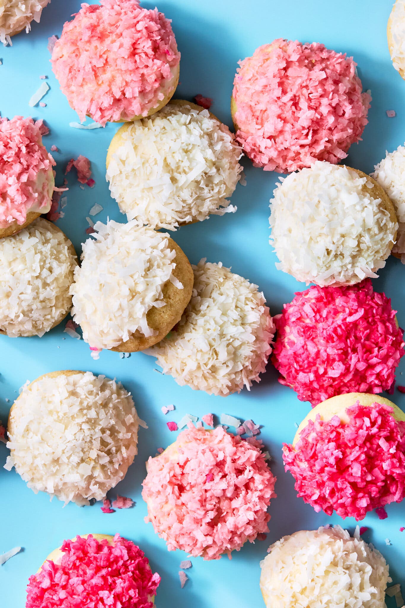 An overhead image of about a dozen coconut topped cookies on a light blue surface.
