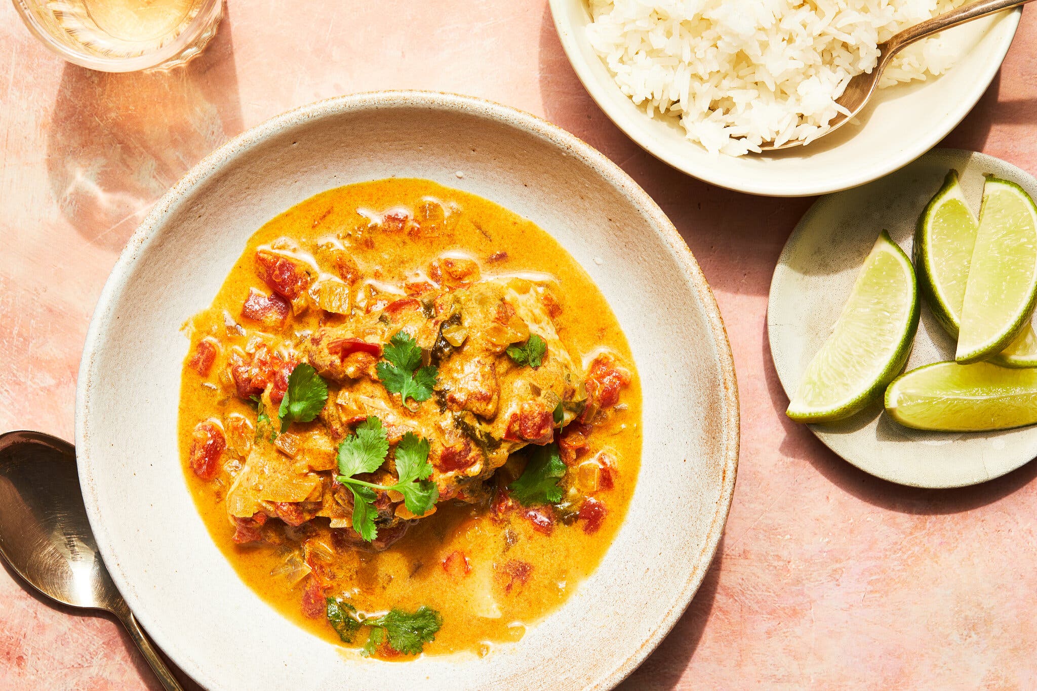 An overhead image of fish in an orange sauce next to a bowl of rice and some lime wedges.